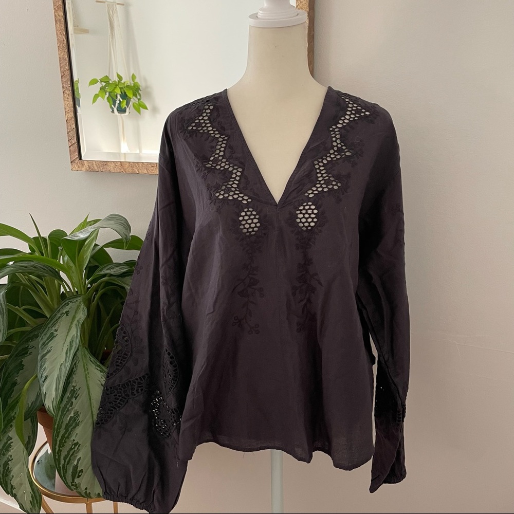 H&M LOGG Charcoal Black Bell Sleeve Eyelet Top